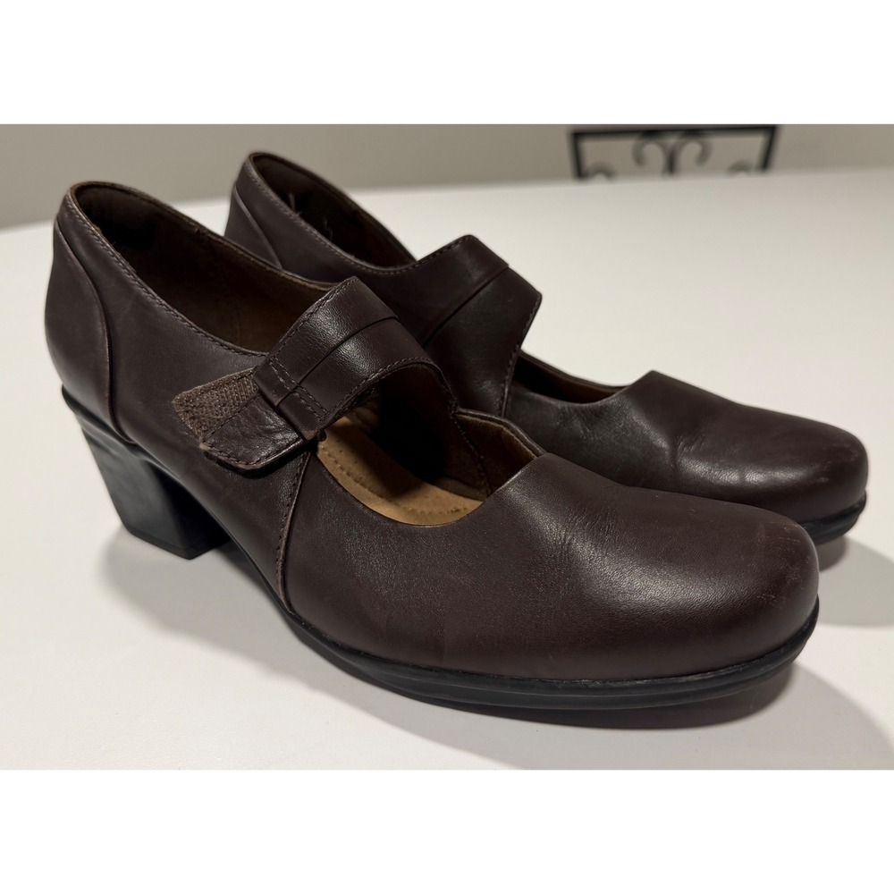 Clarks Collection Brown Leather Mary Jane Block Heels 261282224050 Womens 7.5 M